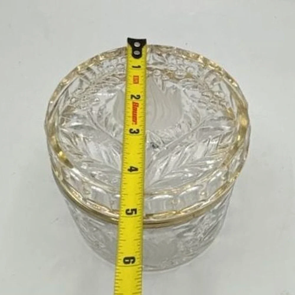 Vintage French Cut Crystal Hinged Jewelry Box Brass Trim /Floral Etched Design